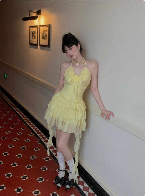 Sweet Three-dimensional Flower Ruffle Sling Irregular Cake Birthday Dress Homecoming Dress