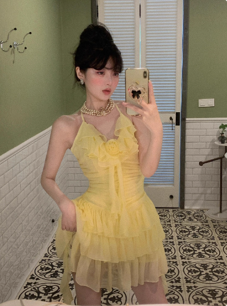 Sweet Three-dimensional Flower Ruffle Sling Irregular Cake Birthday Dress Homecoming Dress