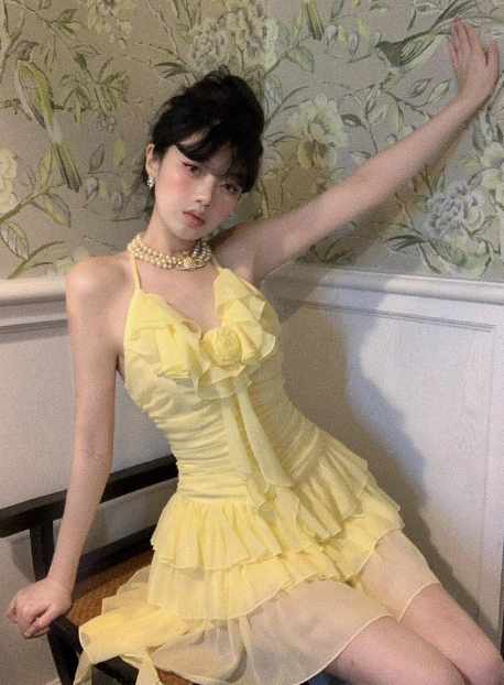Sweet Three-dimensional Flower Ruffle Sling Irregular Cake Birthday Dress Homecoming Dress