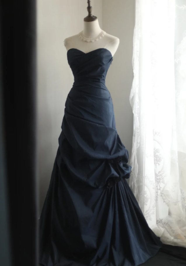 Vintage Navy Blue Strapless Satin Pleated Mermaid Long Evening Dress Birthday Prom Dress