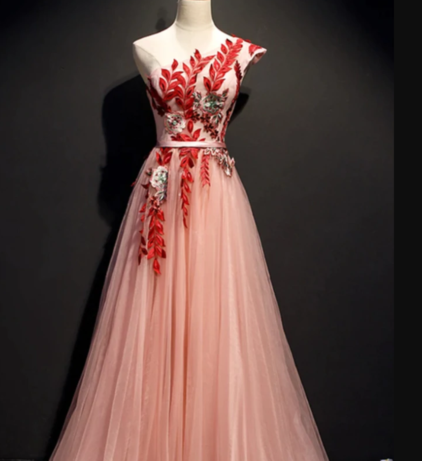A Line One Shoulder Tulle Red Applique Long Prom Dress Evening