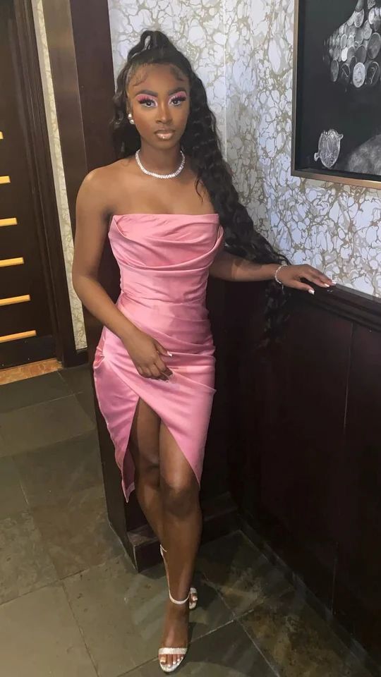 Sweet Pink Tube Top Satin High Slit 17th Birthday Homecoming Dress