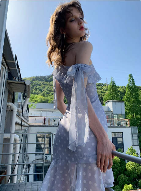 Sweet Purple Polka Dot Off-shoulder Chiffon Birthday Short Skirt Homecoming Dress