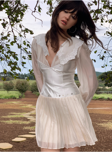 French Long Sleeve V Neck Lace Satin Pleated Birthday Short Skirt Homecoming Dress