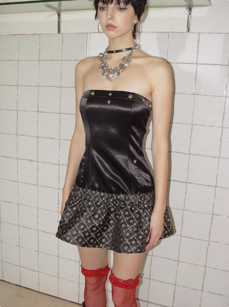 Vintage Black Studded Jacquard Satin Tube Top 17th Birthday Homecoming Dress