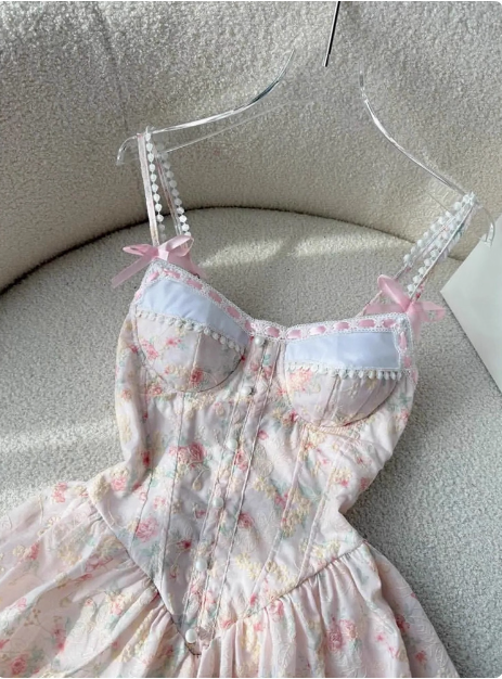 Sweet Pink Floral Sling Flower Bud Birthday Short Skirt Homecoming Dress