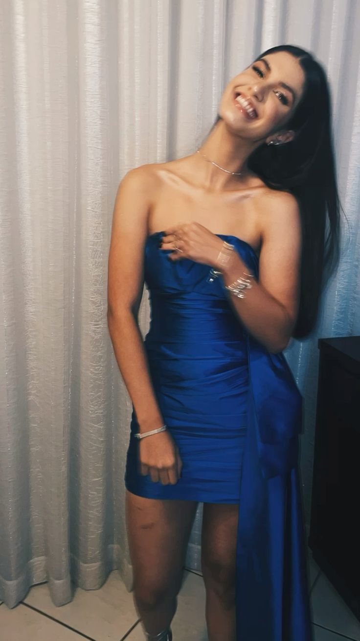 Simple Royal Blue Satin Strapless 19th Birthday Homecoming Dress