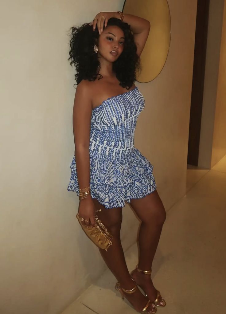 Pretty Blue Printed Tube Top Mini Birthday Skirt Homecoming Dress