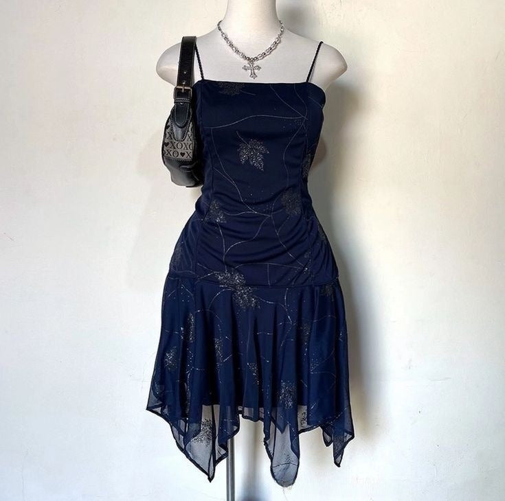 Elegant Navy Blue Suspender Chiffon Irregular Birthday Short Skirt Homecoming Dress