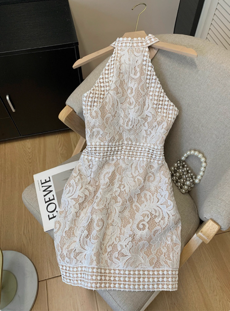 Elegant Sleeveless Halter Neck Lace Waist Hip Birthday Dress Homecoming Dress