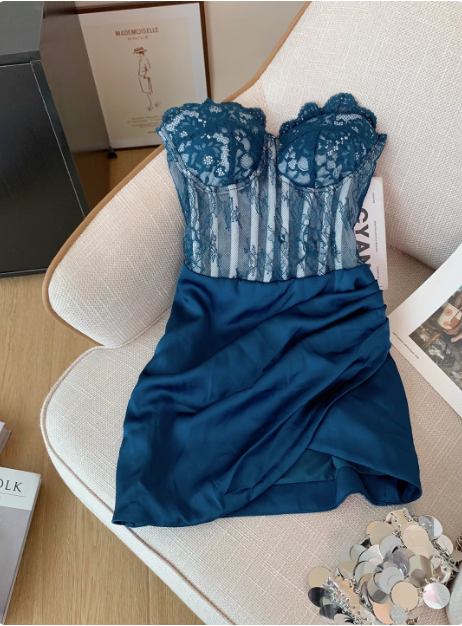 Sexy Lace Patchwork Tube Top Pleated Hip-hugging Birthday Skirt Homecoming Dress