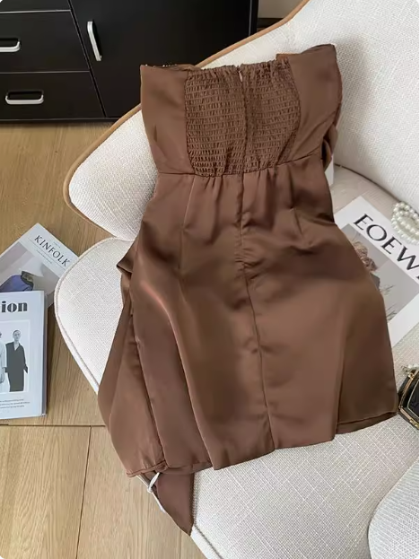 Elegant Brown Strapless Ribbon Diamond Birthday Short Skirt Homecoming Dress