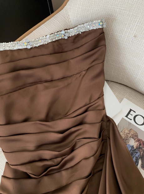 Elegant Brown Strapless Ribbon Diamond Birthday Short Skirt Homecoming Dress