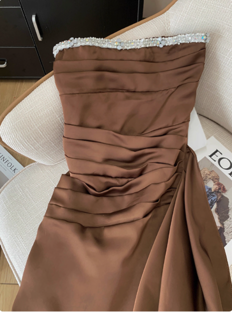 Elegant Brown Strapless Ribbon Diamond Birthday Short Skirt Homecoming Dress