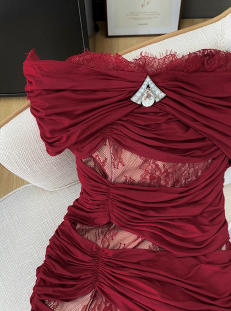 Sexy Red One Shoulder Lace Hip Birthday Dress Homecoming Dress