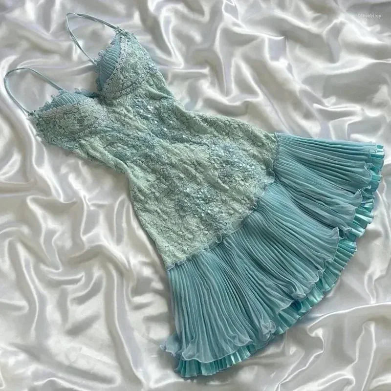 Stunning Blue Lace Pleated 17th Birthday Homecoming Dress