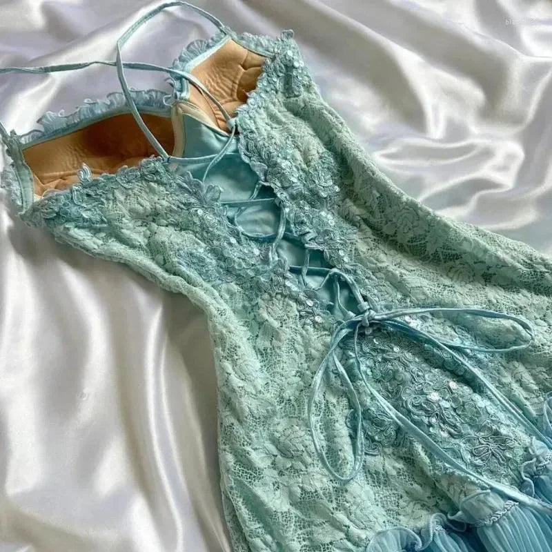 Stunning Blue Lace Pleated 17th Birthday Homecoming Dress