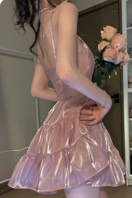 Sweet Pink Satin Strapless A-Line Birthday Dress Homecoming Dress