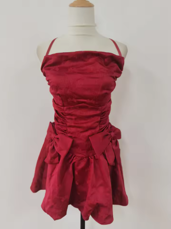 Beautiful Bow Burgundy Satin Suspender 17th Birthday Homecoming Dress