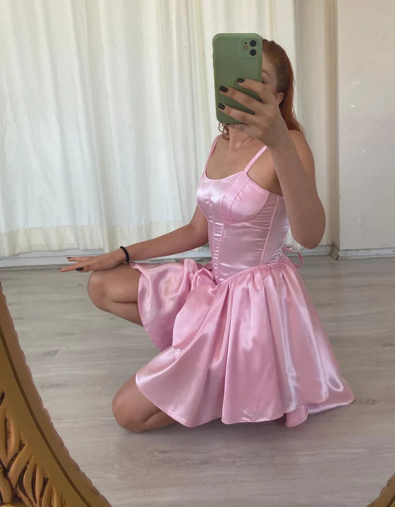 Sweet Pink Back Tie Bow Corset Satin A-line 16th Birthday Homecoming Dress