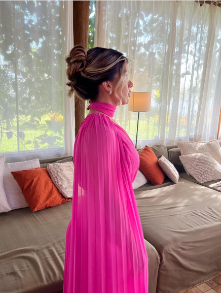 Elegant Bright Pink A-line Long Sleeve One Shoulder High Collar Chiffon Long Prom Dress Evening Dress