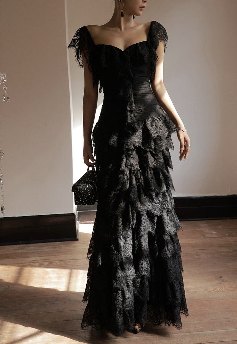 Elegant Black Mermaid Layered Lace Long Prom Dress Evening Dress