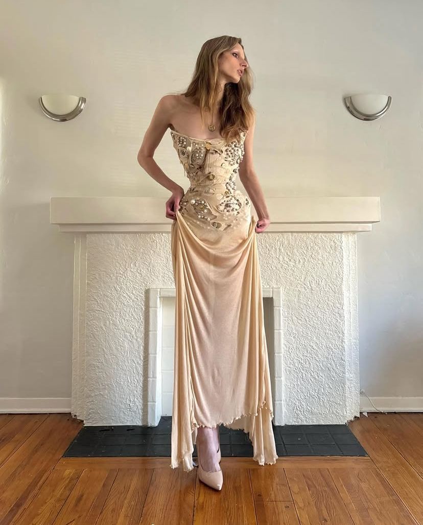 Vintage Nude Apricot Mermaid Waist-Cinching Beaded Chiffon Long Prom Dress Evening Dress