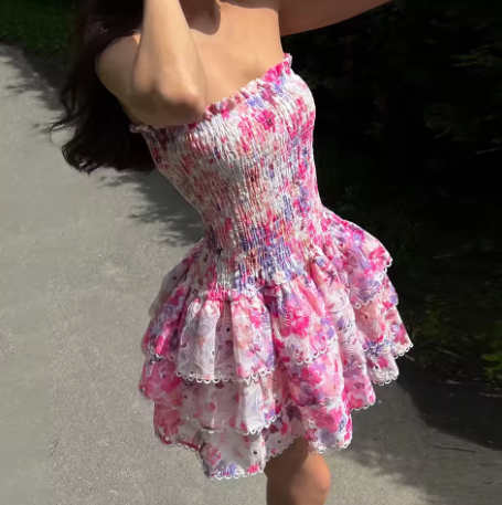 Pretty Pink Print Floral Layered A Line Mini Prom Dress Strapless Graduation Homecoming Dress