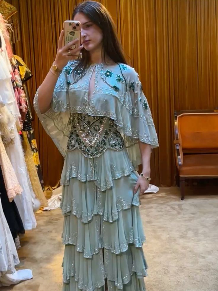 Vintage Mint Green A-line Beaded Embroidered Sequined Layered Chiffon Long Prom Dress Evening Dress