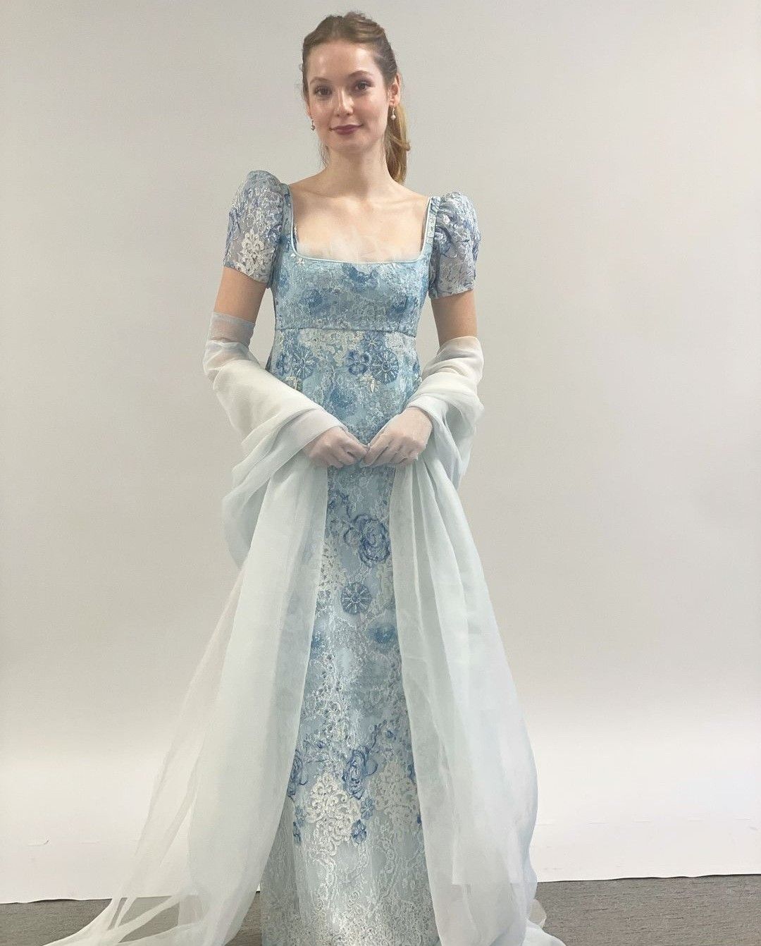 French Princess Light Blue A-line Square Neck Puff Sleeve Embroidered Lace Long Prom Dress Evening Dress