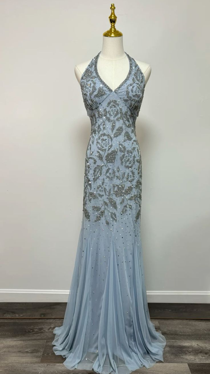Elegant Light Misty Blue Mermaid Halter Neck Deep V-neck Beaded Chiffon Long Prom Dress Evening Dress