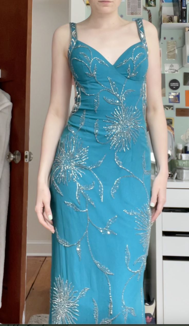 Vintage Peacock Blue Mermaid Deep V Silver Shimmering Floral Long Prom Dress Evening Dress