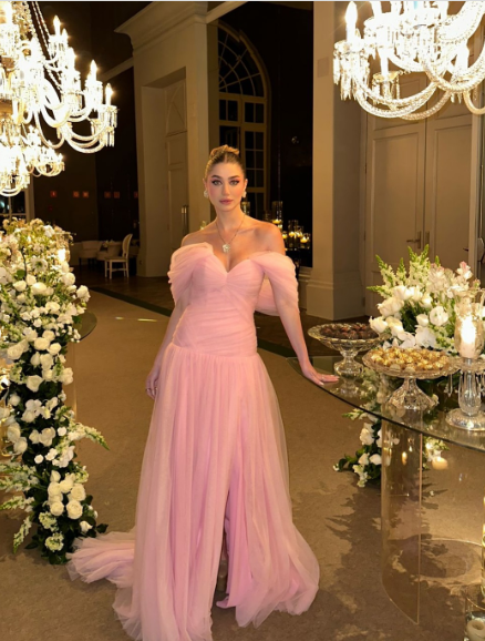 Elegant Pink A-line Trailing Off-shoulder Slit Tulle Long Prom Dress Evening Dress