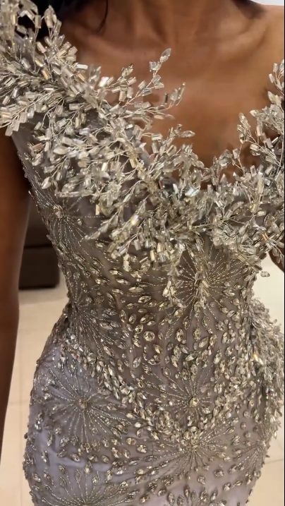 Luxurious White Mermaid Deep V Full Diamond Crystal Satin Long Prom Dress Evening Dress