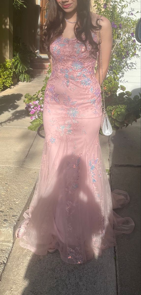 Sweet Pink Mermaid Embroidered Tulle Long Prom Dress Evening Dress