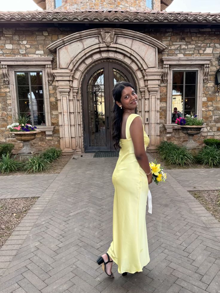 Elegant Yellow Fitted Square Neck Satin Long Prom Dress Evening Dress Bridesmaid Dress