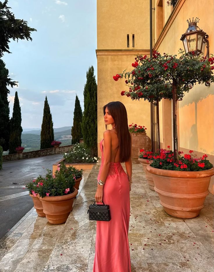 Sexy And Elegant Rose Pink Fitted Halter Neck Backless Lace Satin Long Prom Dress Evening Dress