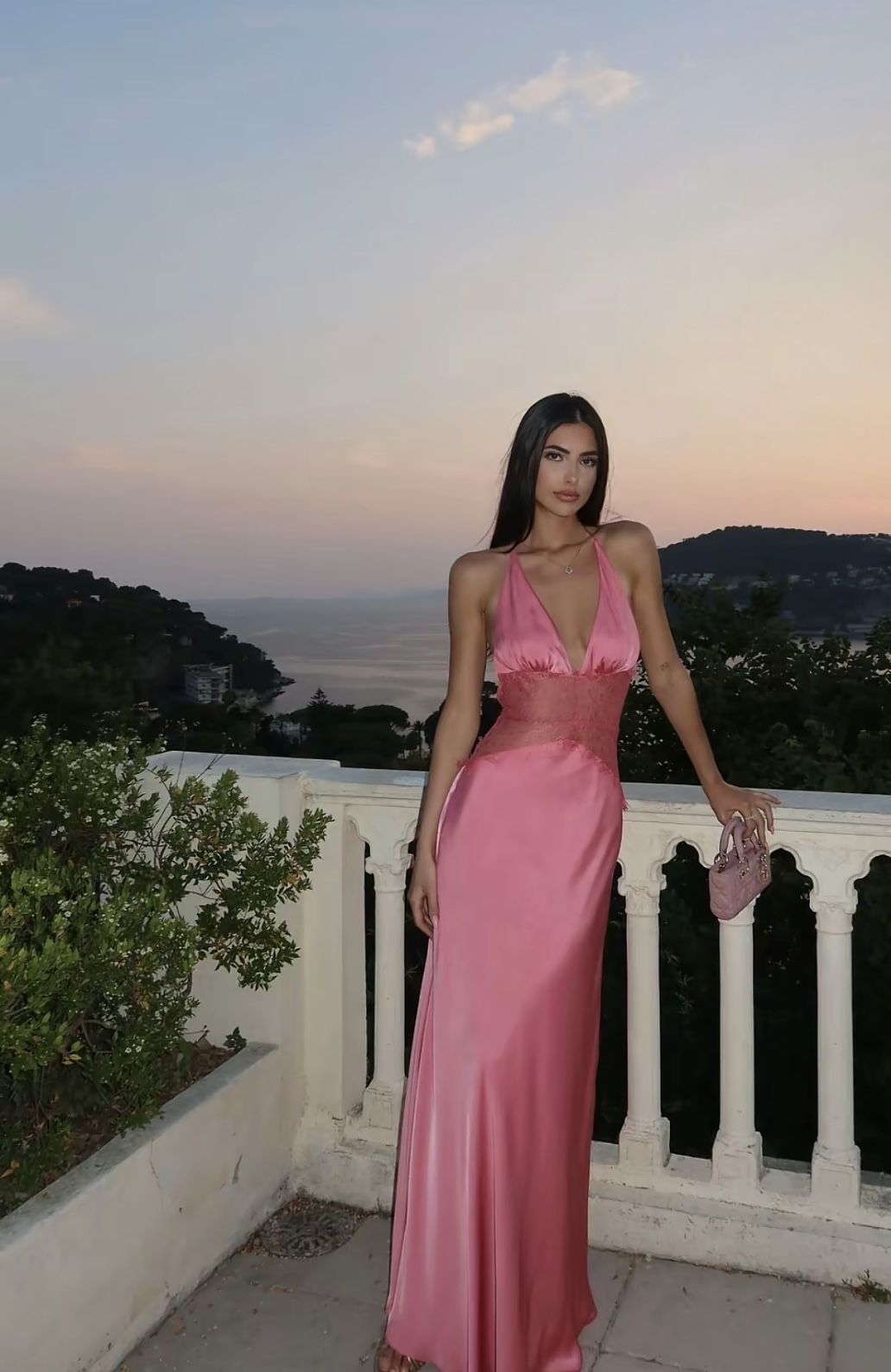 Sexy And Elegant Rose Pink Fitted Halter Neck Backless Lace Satin Long Prom Dress Evening Dress