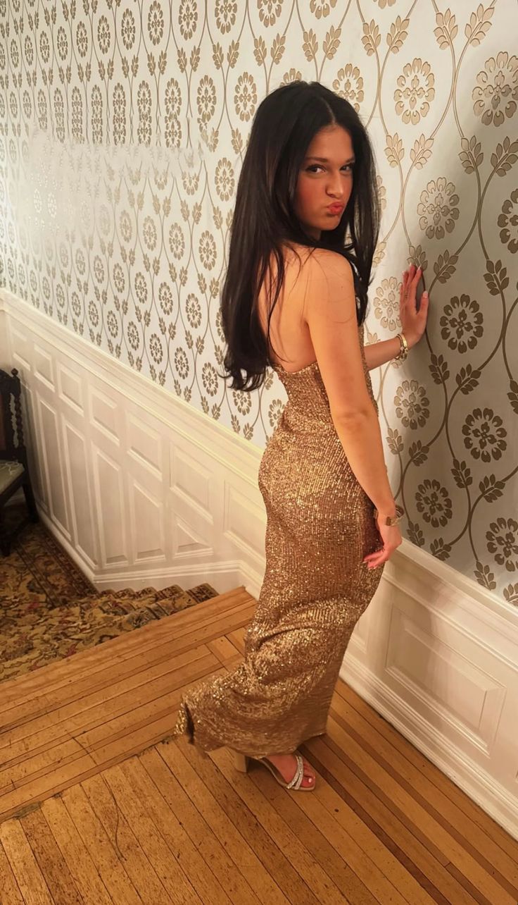 Sparkling Gold Mermaid Heart Neck Sequined Long Prom Dress Evening Dress