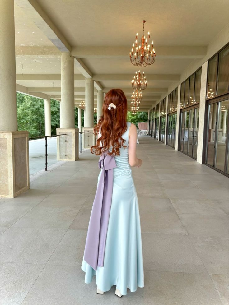 Sweet Light Blue A-line V-Neck Bow Satin Long Prom Dress Evening Dress