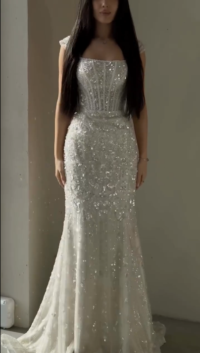 Elegant White Mermaid Square Neck Sequin Tulle Train Long Prom Dress Evening Dress