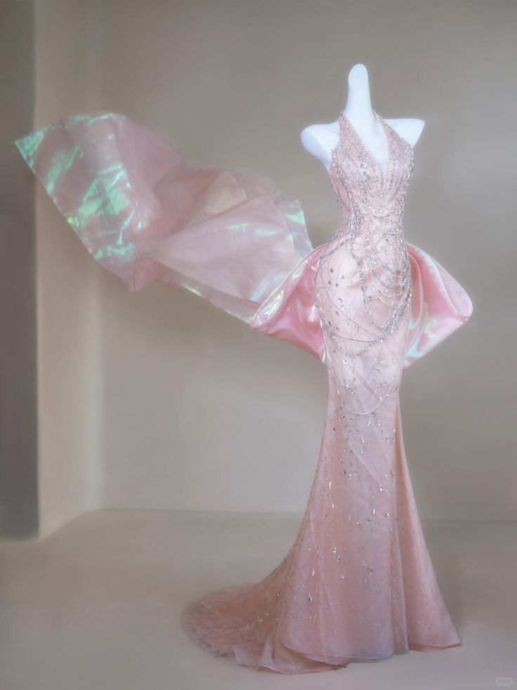 Dreamy Princess Pink Mermaid Halter V-Neck Rhinestone Beaded Tulle Long Prom Dress Evening Dress