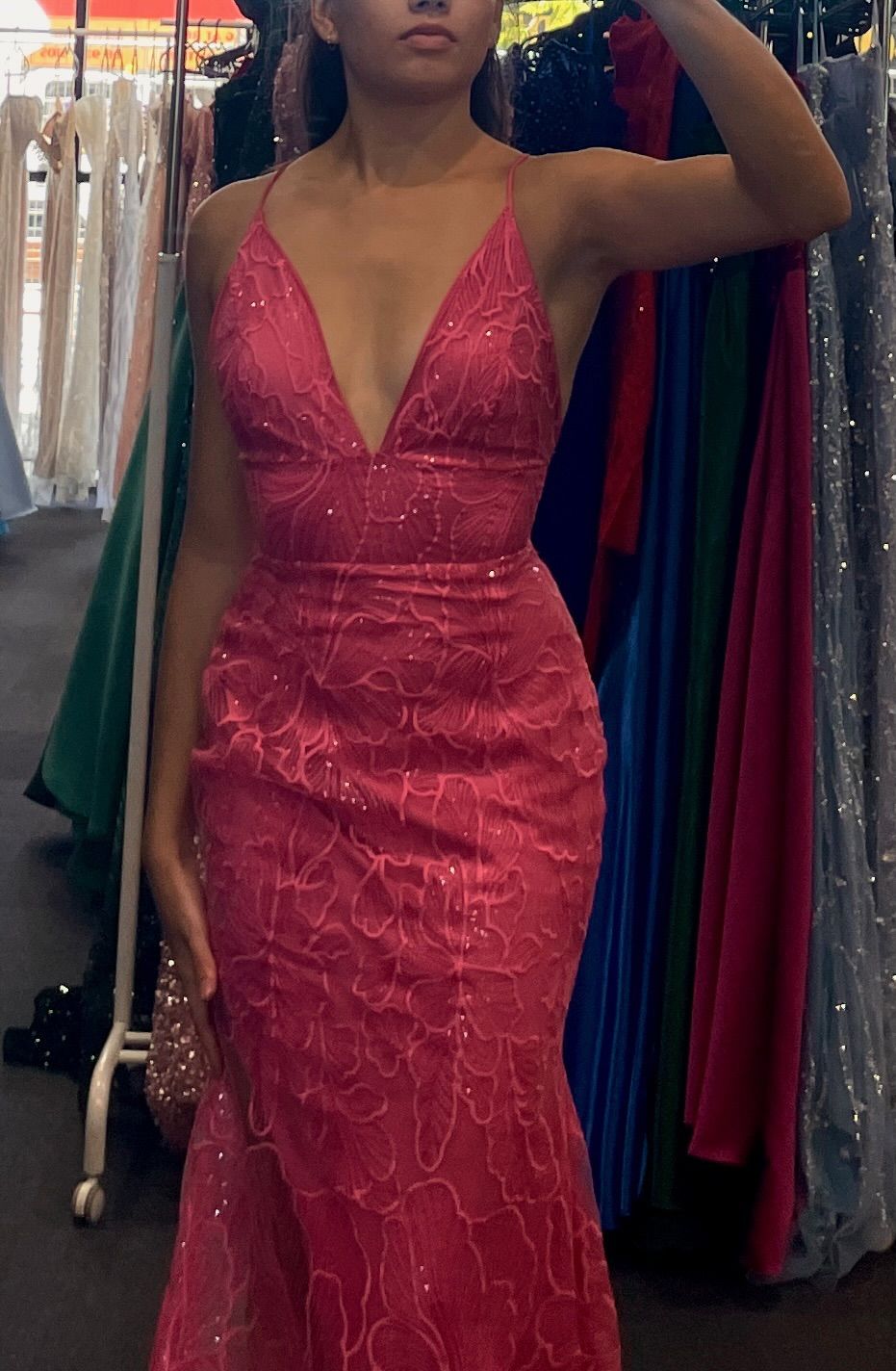 Beautiful Pink Mermaid Spaghetti Strap V-Neck Lace Long Prom Dress Evening Dress
