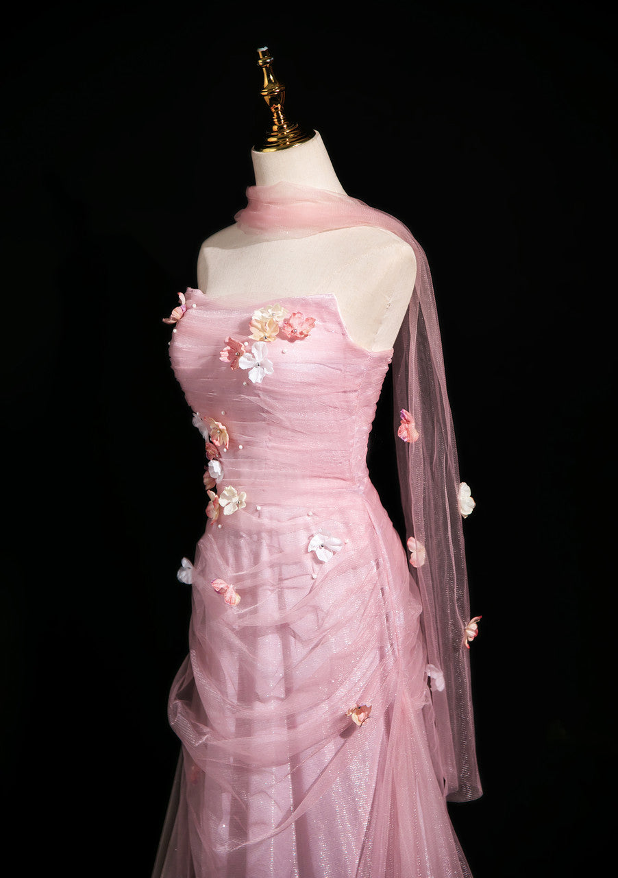 Elegant Light Pink A-Line Strapless 3D Floral Tulle Long Prom Dress Evening Dress