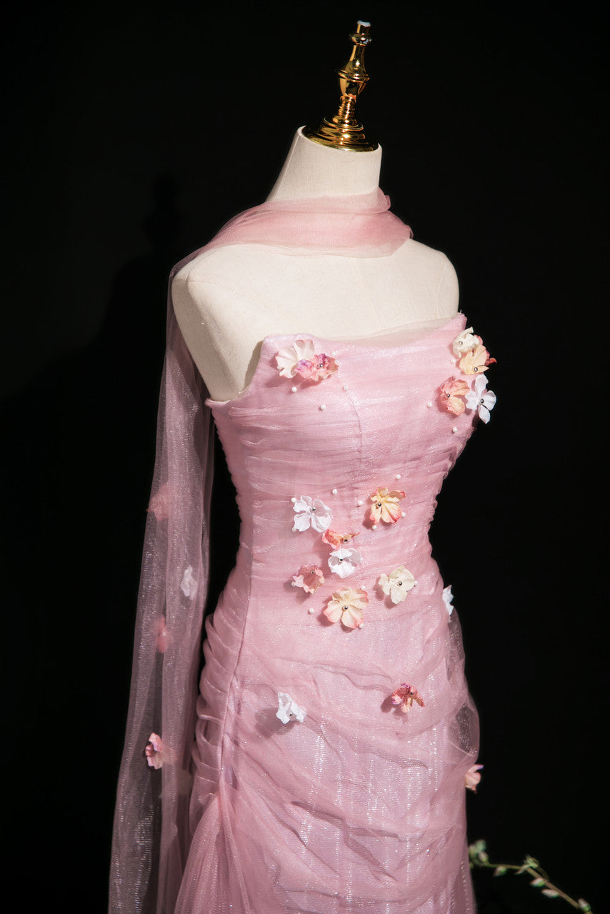 Elegant Light Pink A-Line Strapless 3D Floral Tulle Long Prom Dress Evening Dress