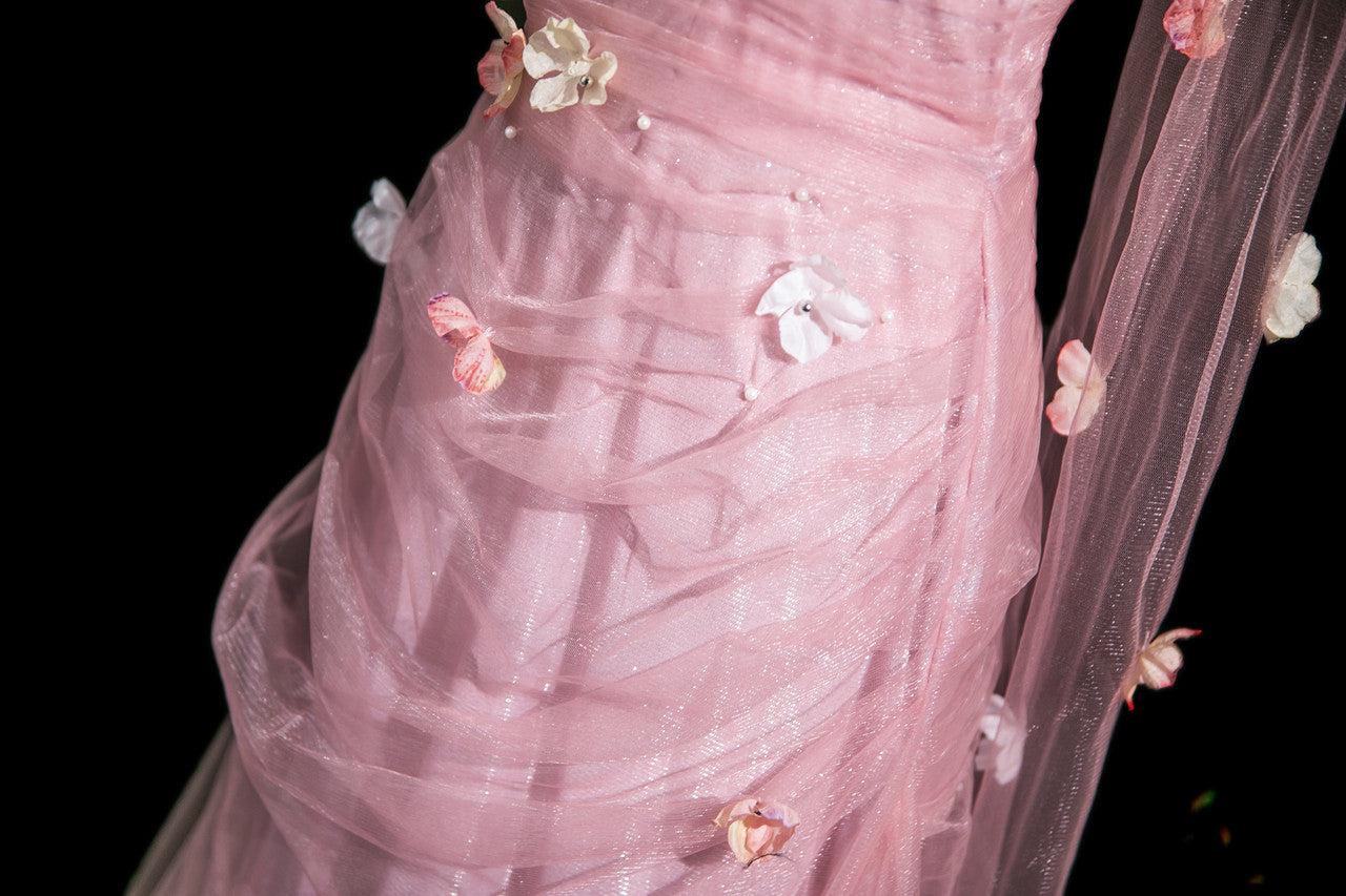 Elegant Light Pink A-Line Strapless 3D Floral Tulle Long Prom Dress Evening Dress
