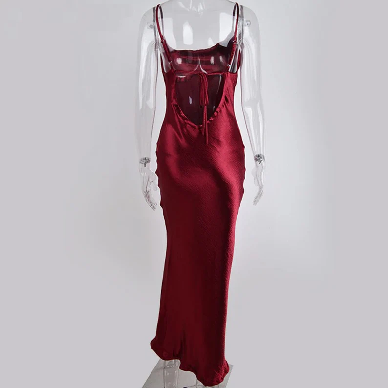 Glossy Open Back Shiny Backless Satin Prom Dress Elegant Cowl Neckline Party Ruched Side Women Midi Dress
