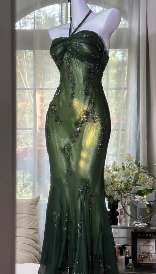 Vintage Green Halter Satin Chiffon Beaded Mermaid Evening Dress Long Party Dress