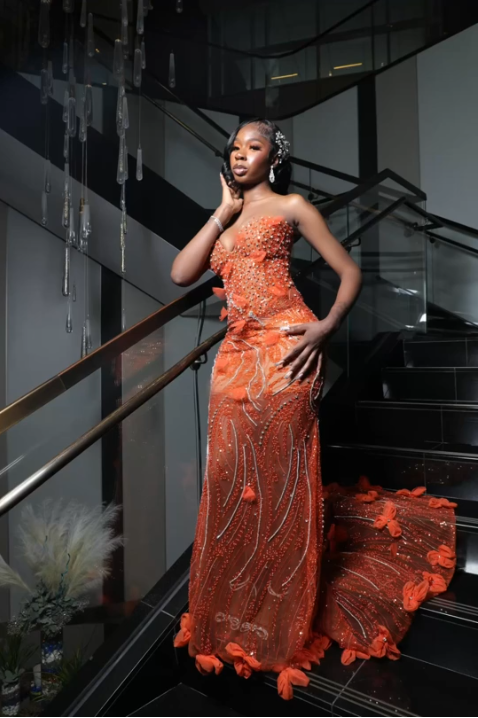Gorgeous Orange Mermaid Sweetheart Neck Beaded Sequin Tulle Train Prom Dress Evening Dress