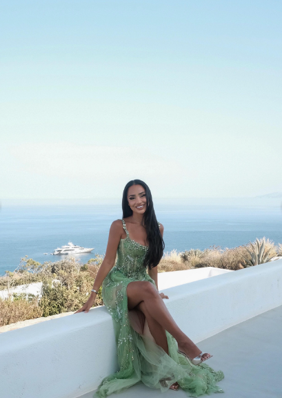 Gorgeous Green A-Line Spaghetti Strap Square Neck High-Slit Beaded Tulle Long Prom Dress Evening Dress